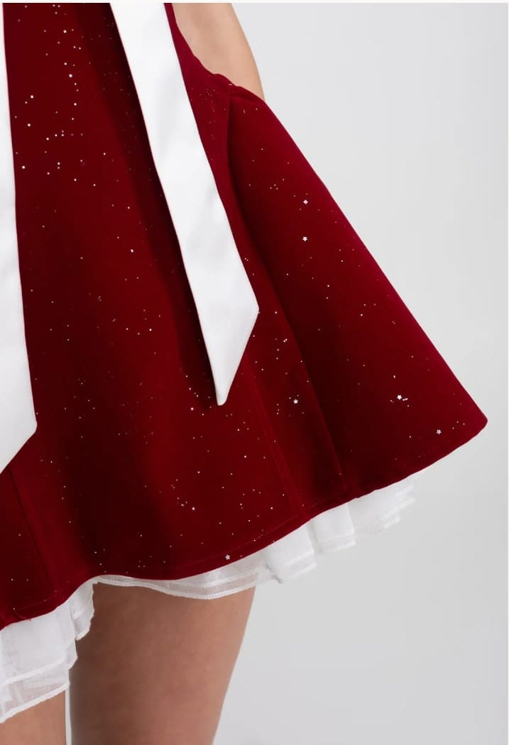 Strapless Velvet Mini Dress With Satin Bow And Ruffle Hem - Red