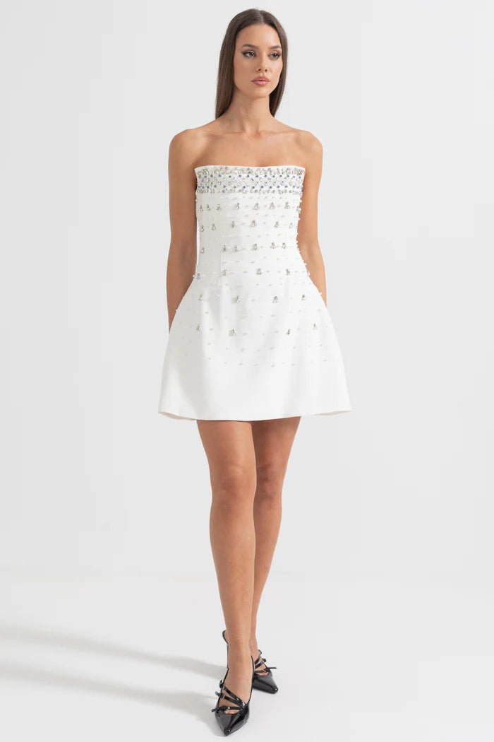 Sleeveless Mini Dress with Crystal Embellishments - White