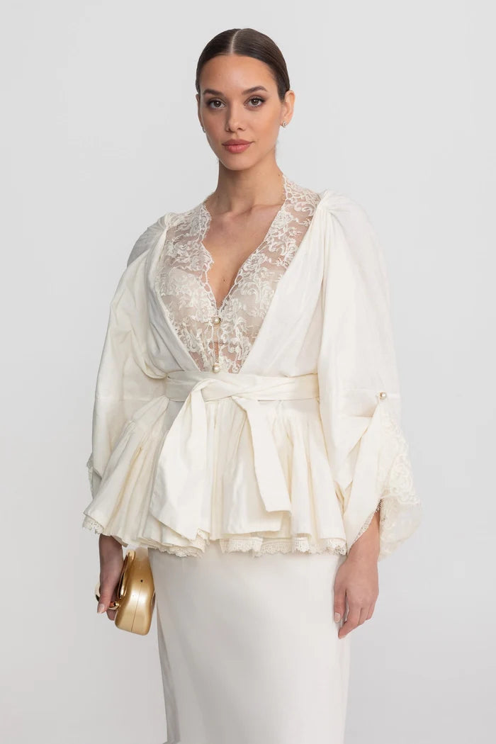 Belted Peplum Co-Ord Set With Lace Insert Detailing - Ivoire