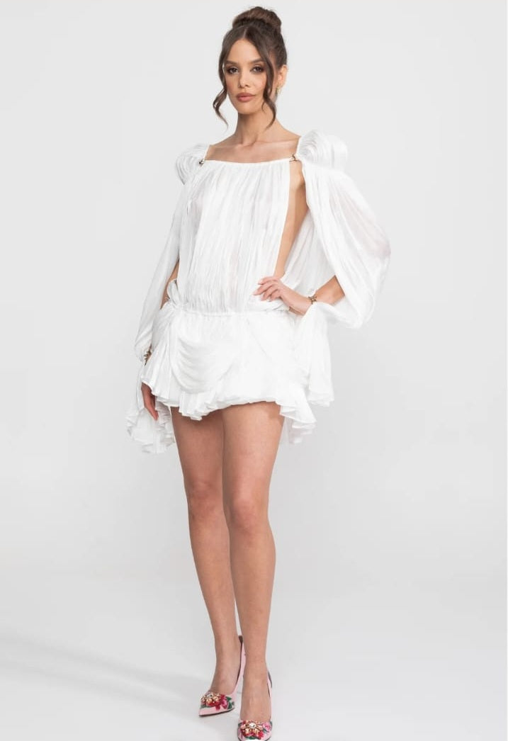 Flowy, sheer short dress with cape sleeves and gold clip detail - White