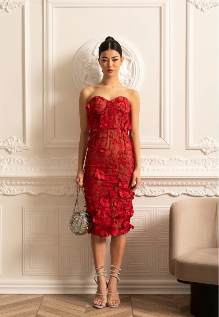 Bloßes gestickeltes Kleid mit kompliziertem Blumenmuster - rot