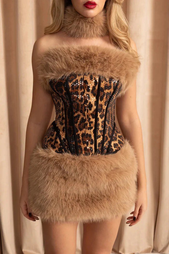 Leopard Sequin Co-Ord With Faux Fur Trim – Beige