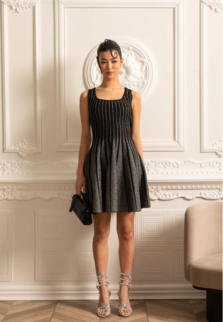 Elegant Mini Dress With Shimmering Silver Vertical Stripes - Black