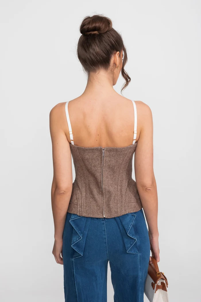 Structured Tweed Corset Top With Lace Straps And Peplum Hem - Brown