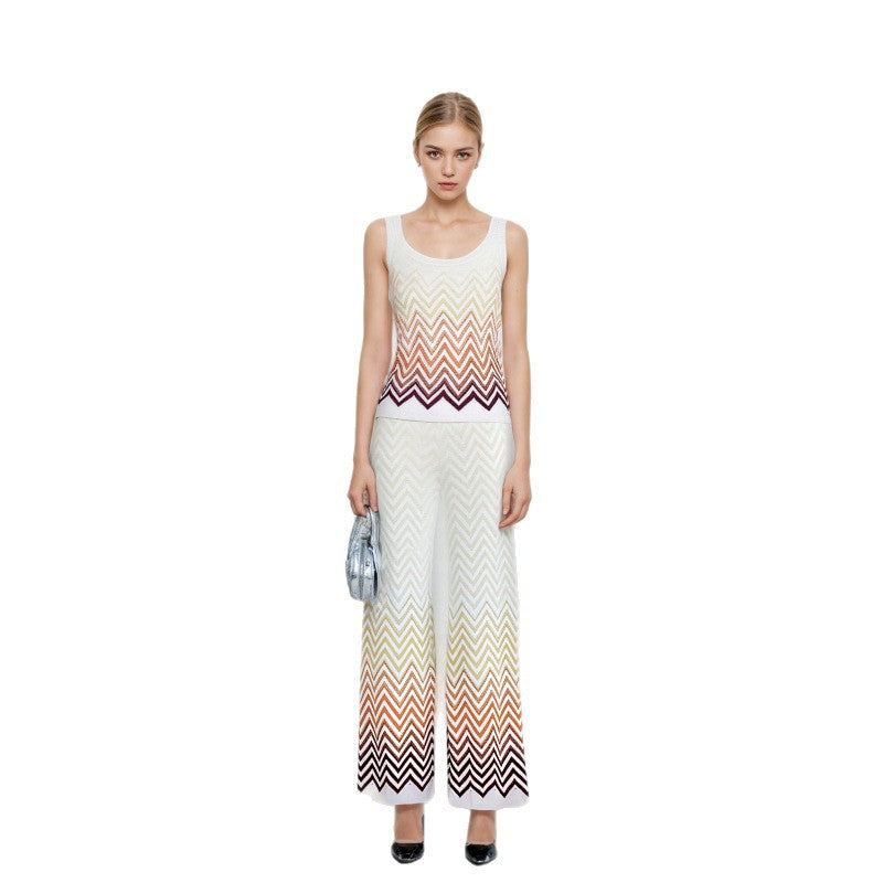High-Waisted Pants Wavy Stripesd Knitted Fashion Suit