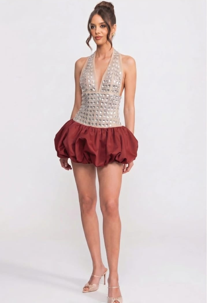 Crystal-Embellished Halter Mini Dress With Bubble Skirt - Red