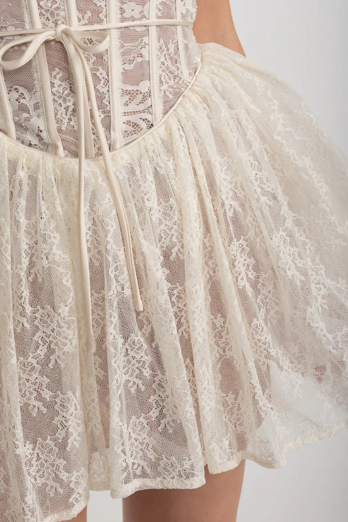 Elegant Lace Strapless Dress With Fitted Bodice And Flared Skirt - White