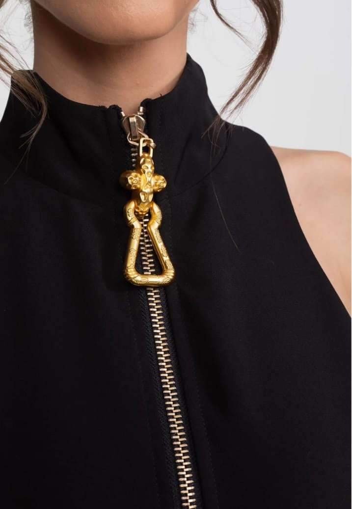 Sleeveless Mini Dress With Gold Front Zipper - Black