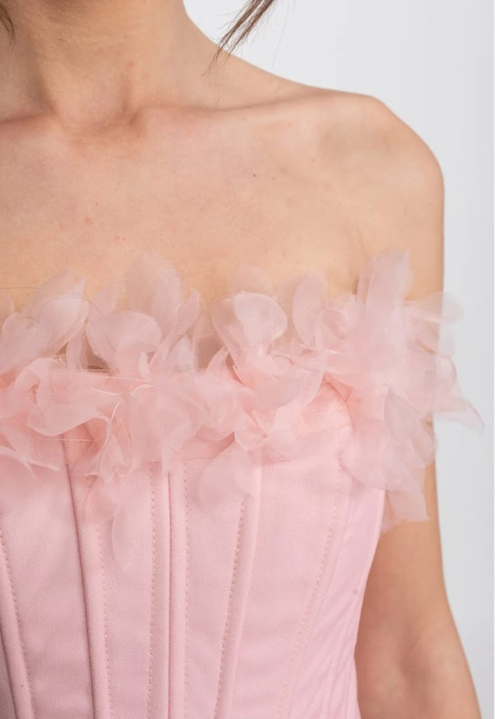 Strapless Corset Mini Dress With 3D Rose Appliqué Skirt - Pink