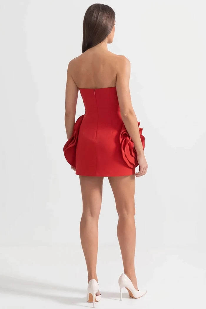Strapless Sculptural Mini Dress with 3D Floral Appliqués – Red