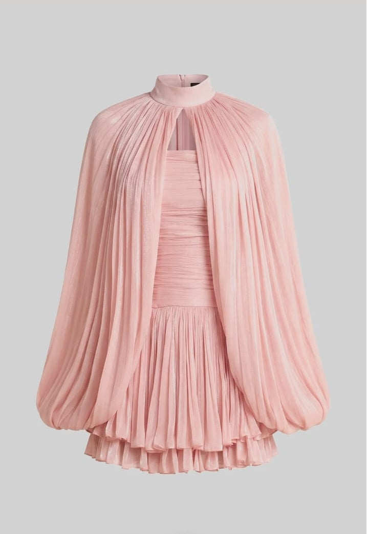 Balloon Sleeve High Neck Mini Dress with Pleated Skirt - Pink