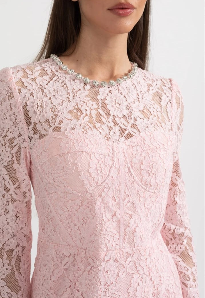 Elegant Long Sleeve Lace Dress With Matching Waist Belt - Pink