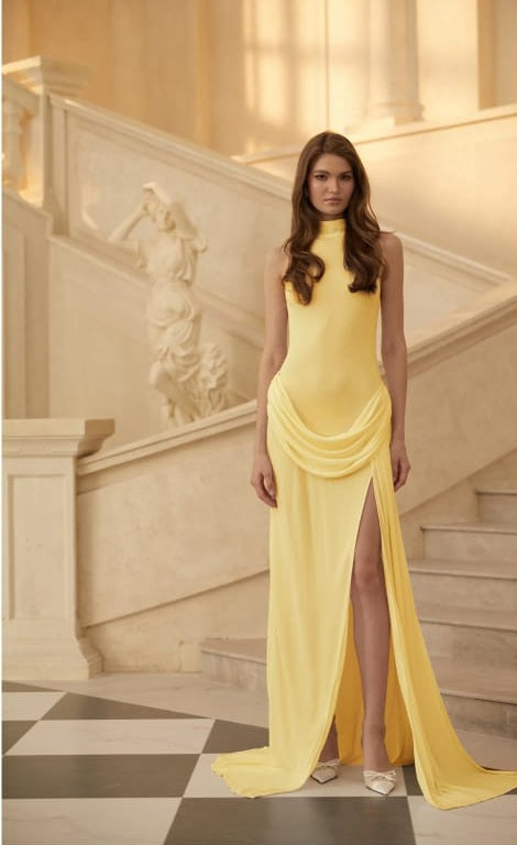 Mystérieuse Yellow Turtleneck Draped Maxi Dress