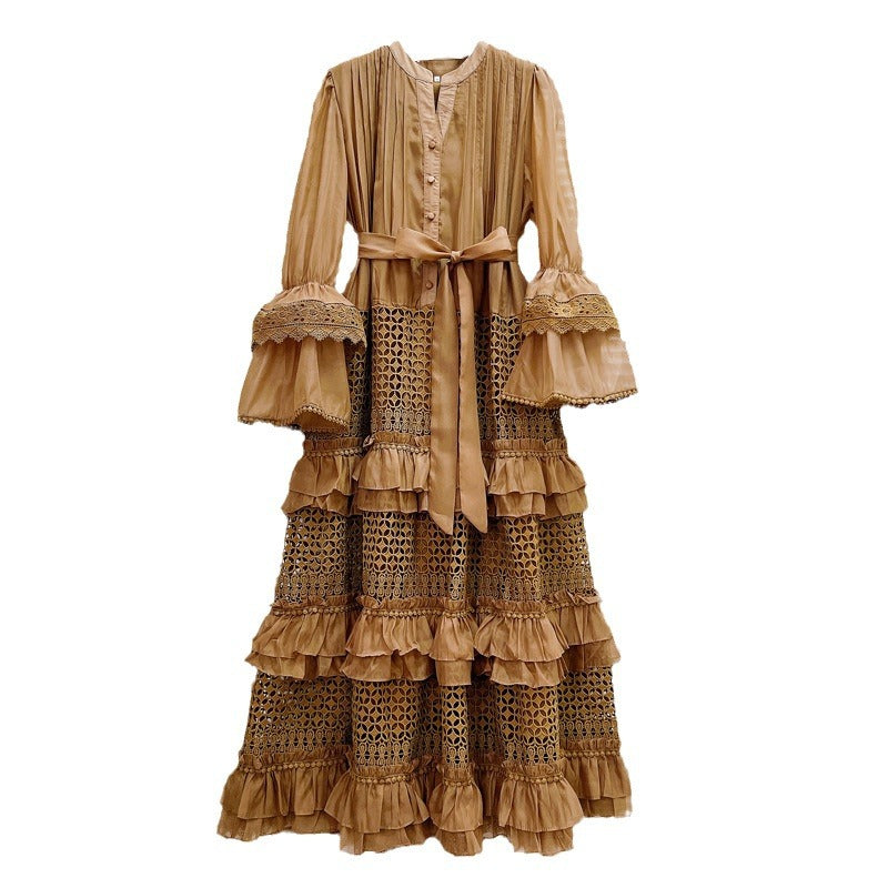 Hollow Ruffle Laminated Bell Dress