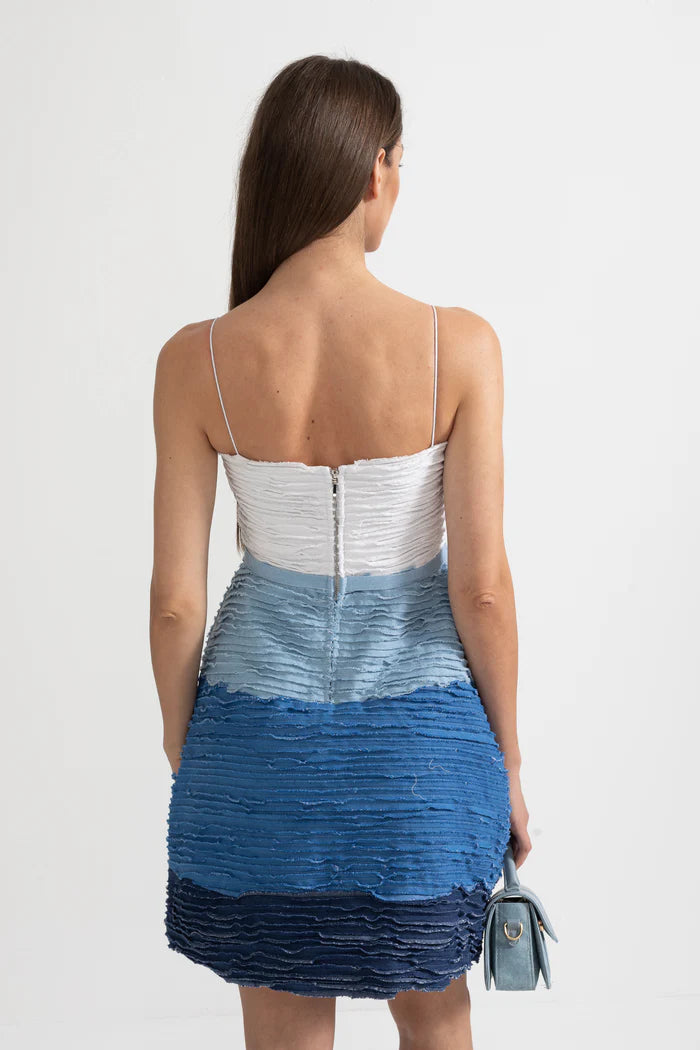 Ombre Mini Dress with Textured Layered Fabric - White/Blue
