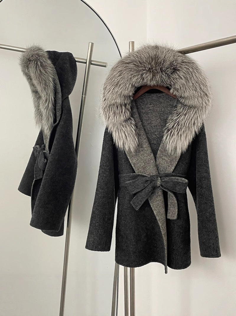 Two-color fur woolen coat