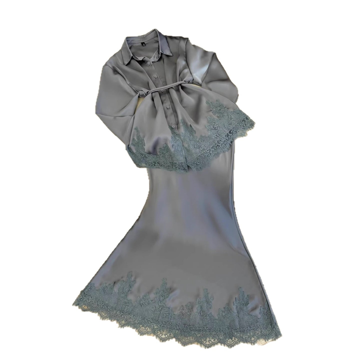 Splicing Lace-Up Long-Sleeved Shirt and Skirt Two-Piece Set