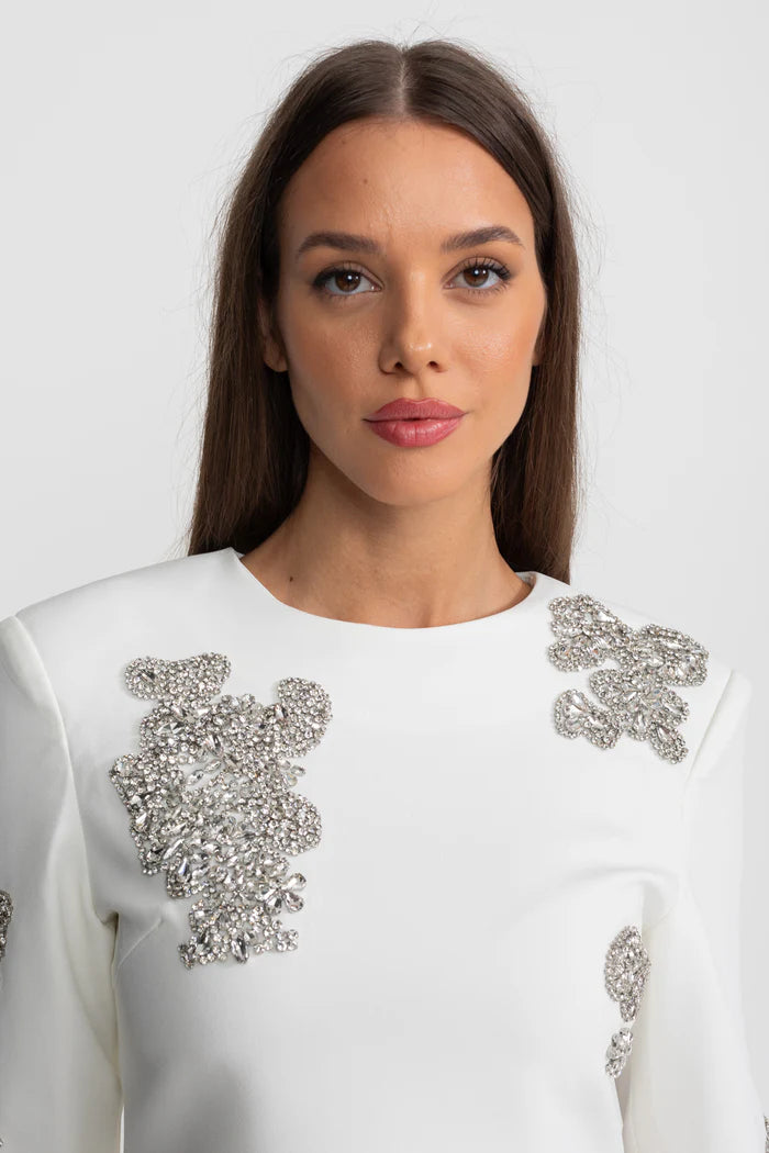 Embellished Co-Ord Set with Sparkling Crystal Embellishments - White