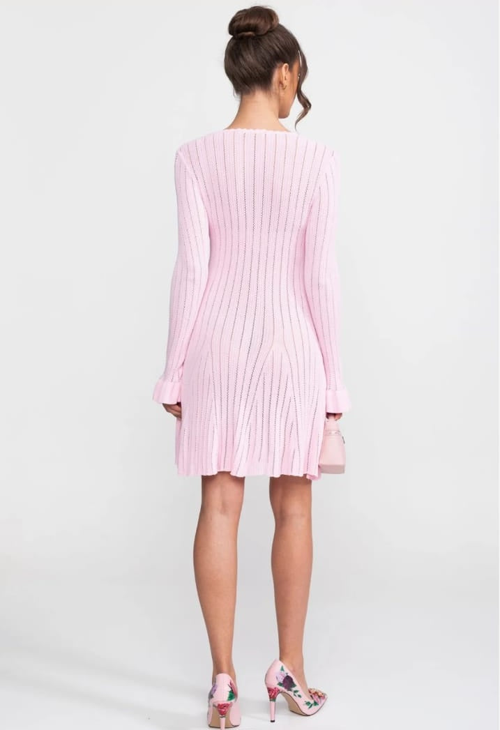 Short openwork knit dress with scalloped collar and ruffled cuffs - Pink