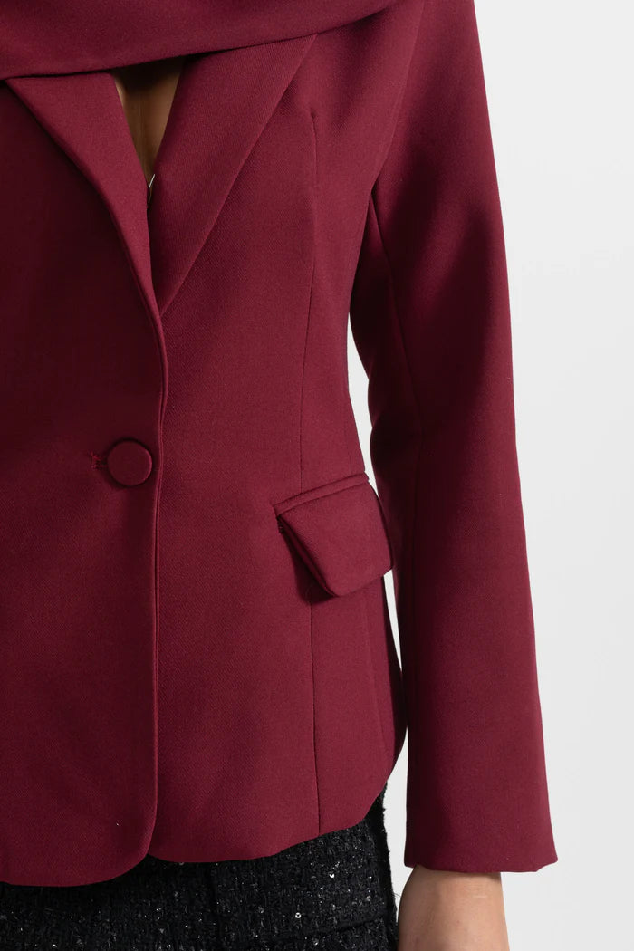 Modern Blazer With Asymmetrical Draped Scarf - Burgundy