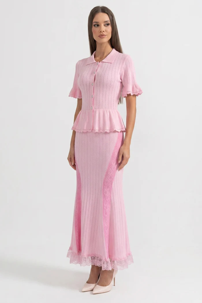 Peter-Pan Collar Knit Peplum Maxi Dress With Lace Hem - Pink