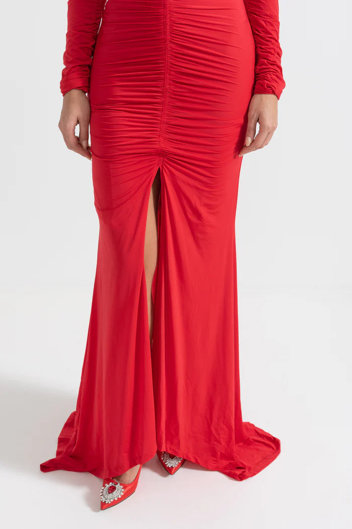 Elegant Ruched Dress With Deep Neckline - Red