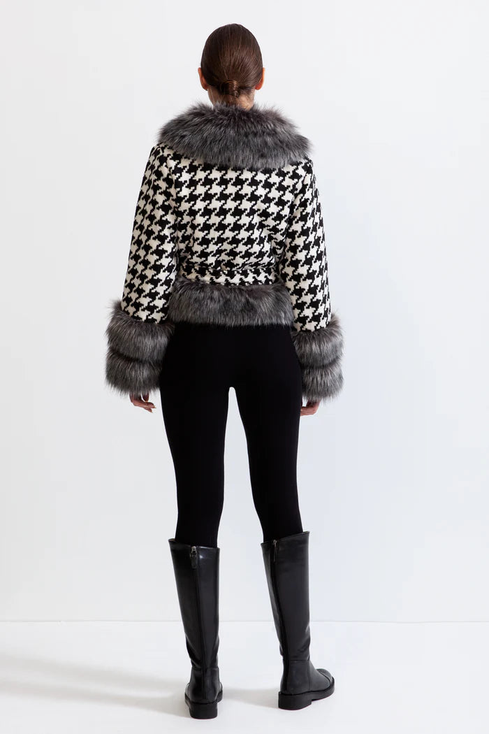 Houndstooth Wool Belted Coat with Fur