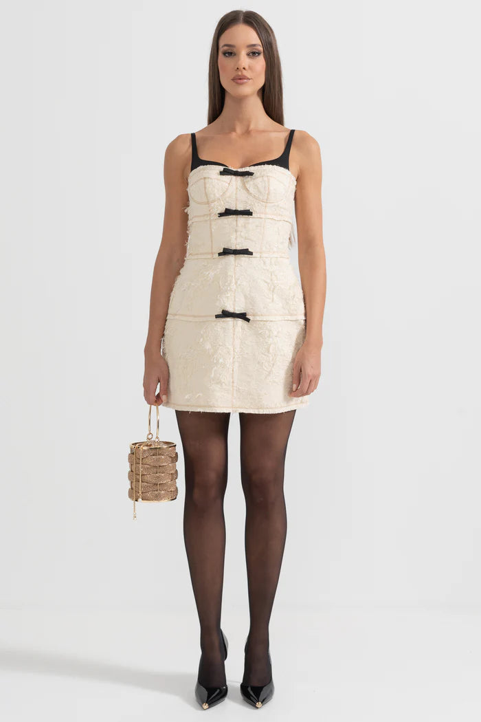 Mini Dress With Feather-Like Patterned Fabric - Ivoire