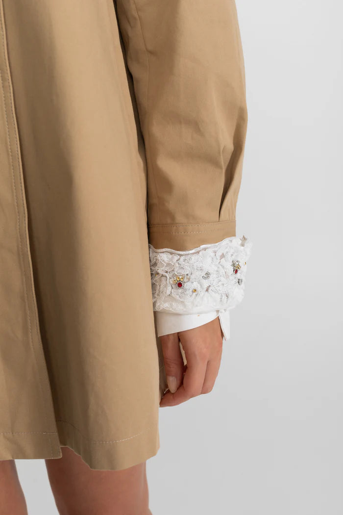 A-Line Trench Mini Dress With Embroidered Collar – Camel