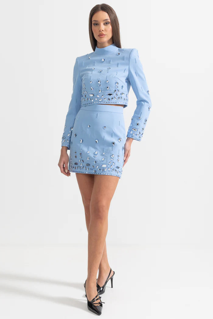 Diamond Embellished Co-Ord with Mini Skirt - Baby Blue