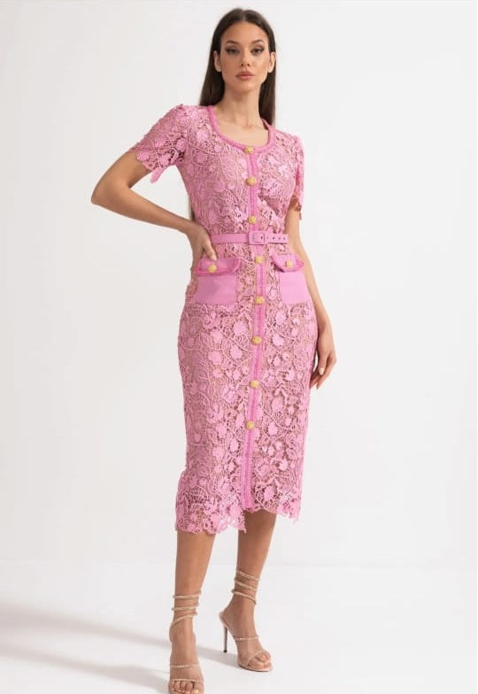Exquisite Short Sleeve Lace Midi Dress - Rose