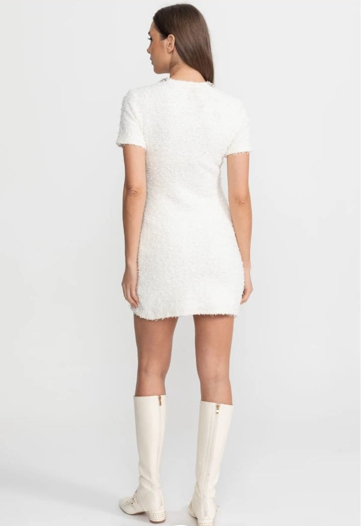 Embellished Tweed Mini Dress with Crystal Button Details – White