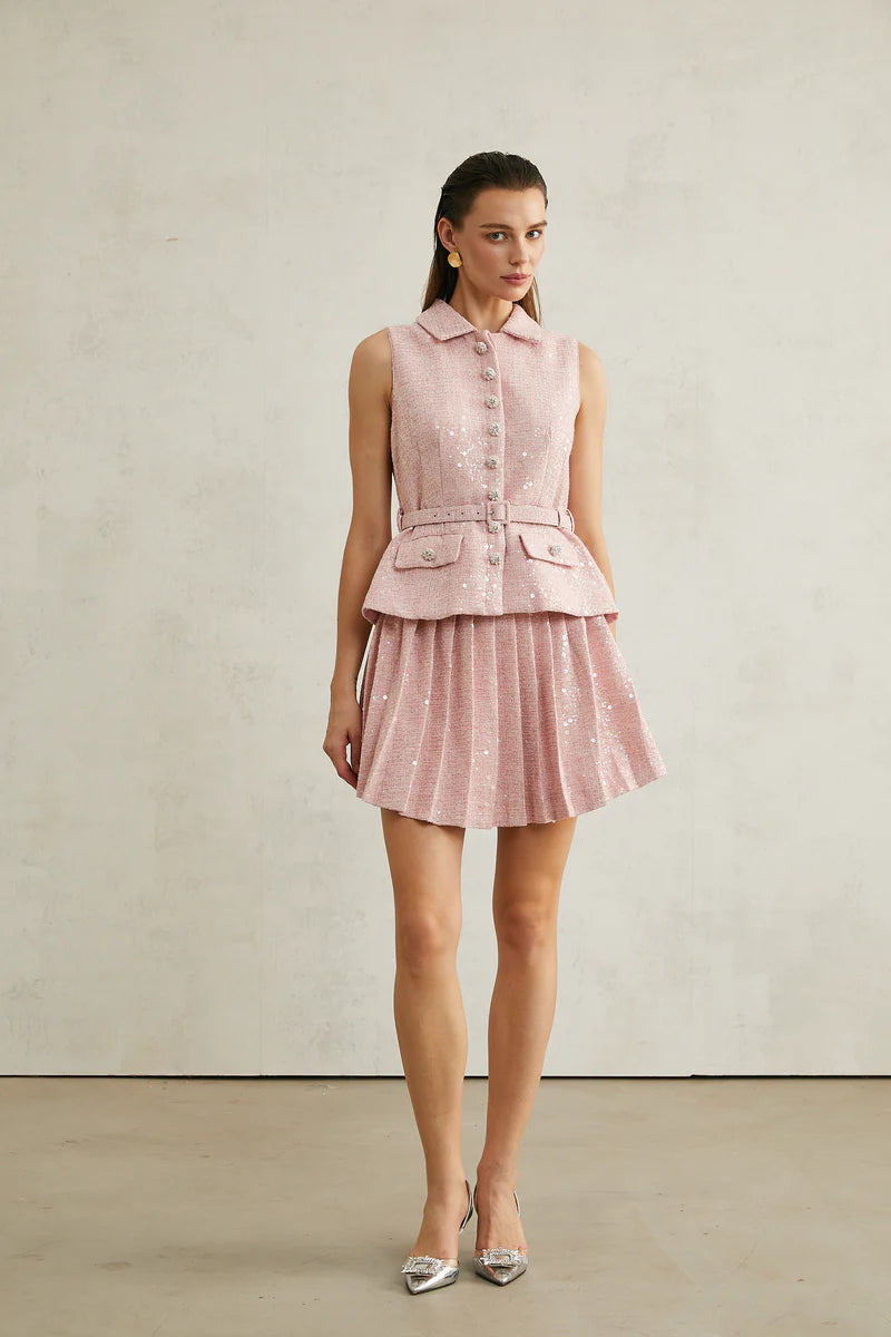 Élise Pink Pleed Embellied Mini Robe