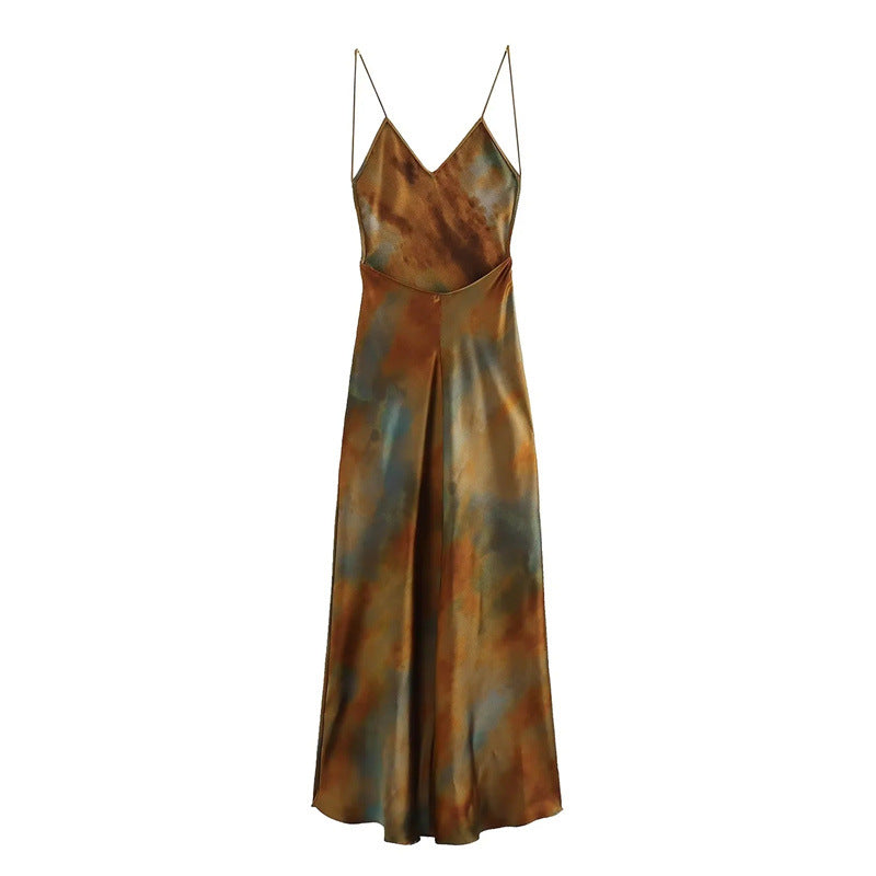 Retro silk satin printed dress