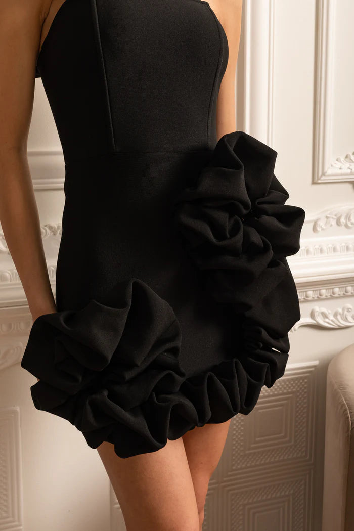 Floral Mini Dress With Ruffled Hem And Shoulder Strap - Black