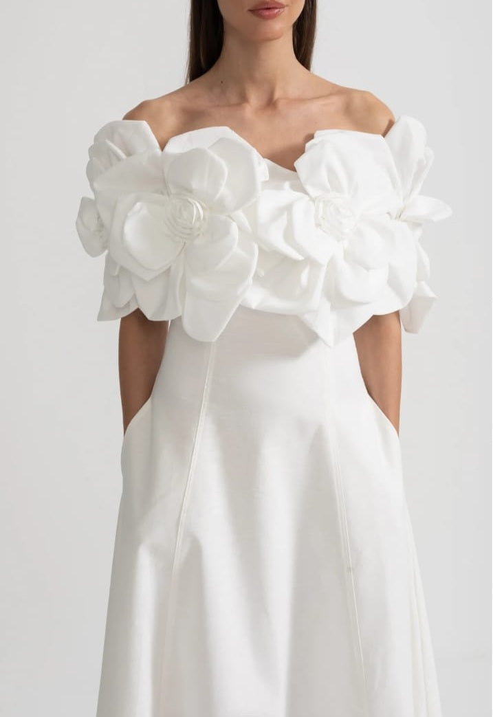 Off-Shoulder Midi Dress With Large Fabric Floral Accents - White