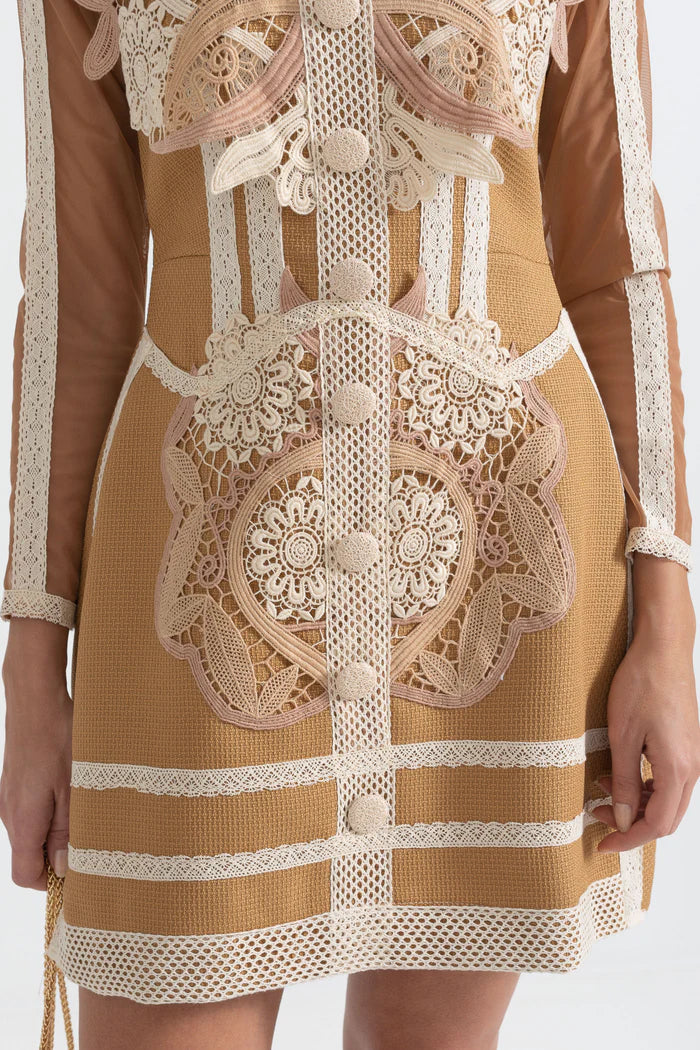 Silhouette Dress With Layered Lace Details - Brown/Beige