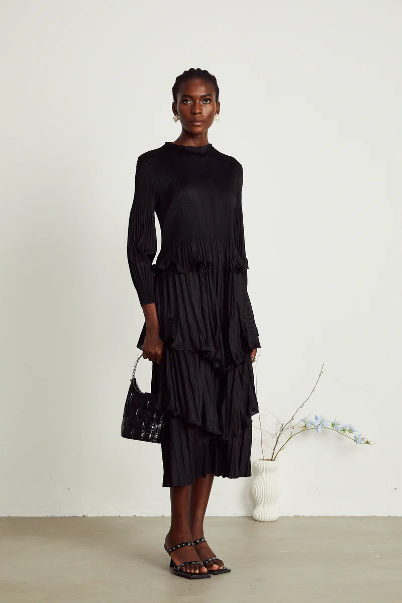 Brianna black tiered pleated midi dress