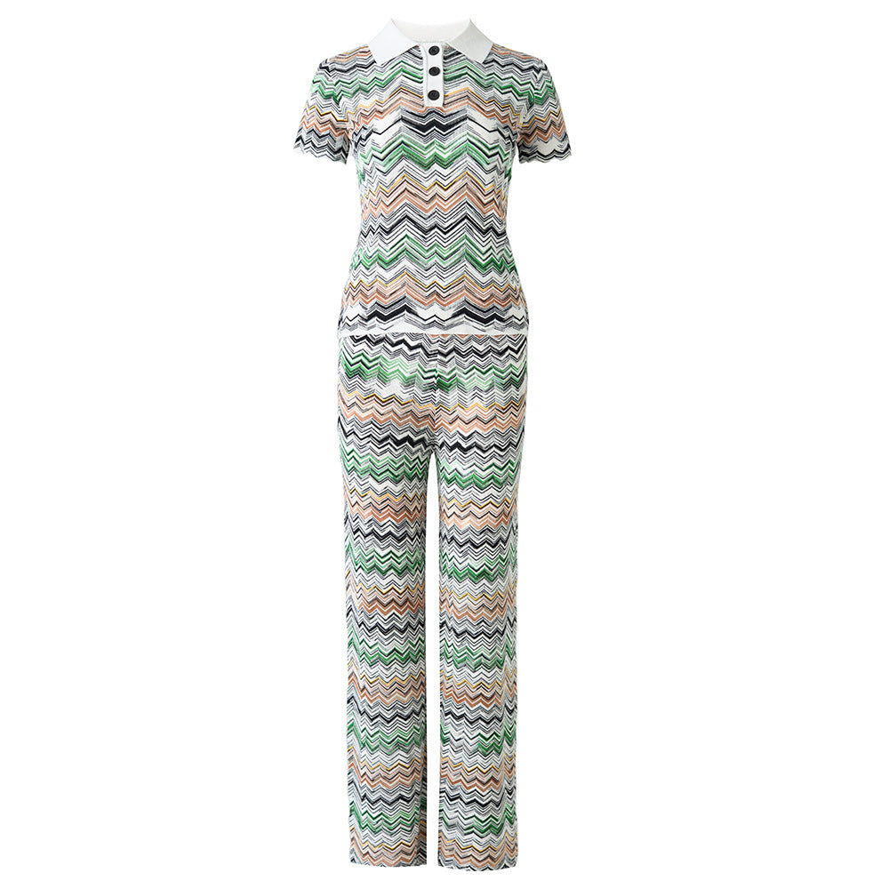 Polo Collar Short Sleeve Top Elastic Waist Trousers Fashion Suit