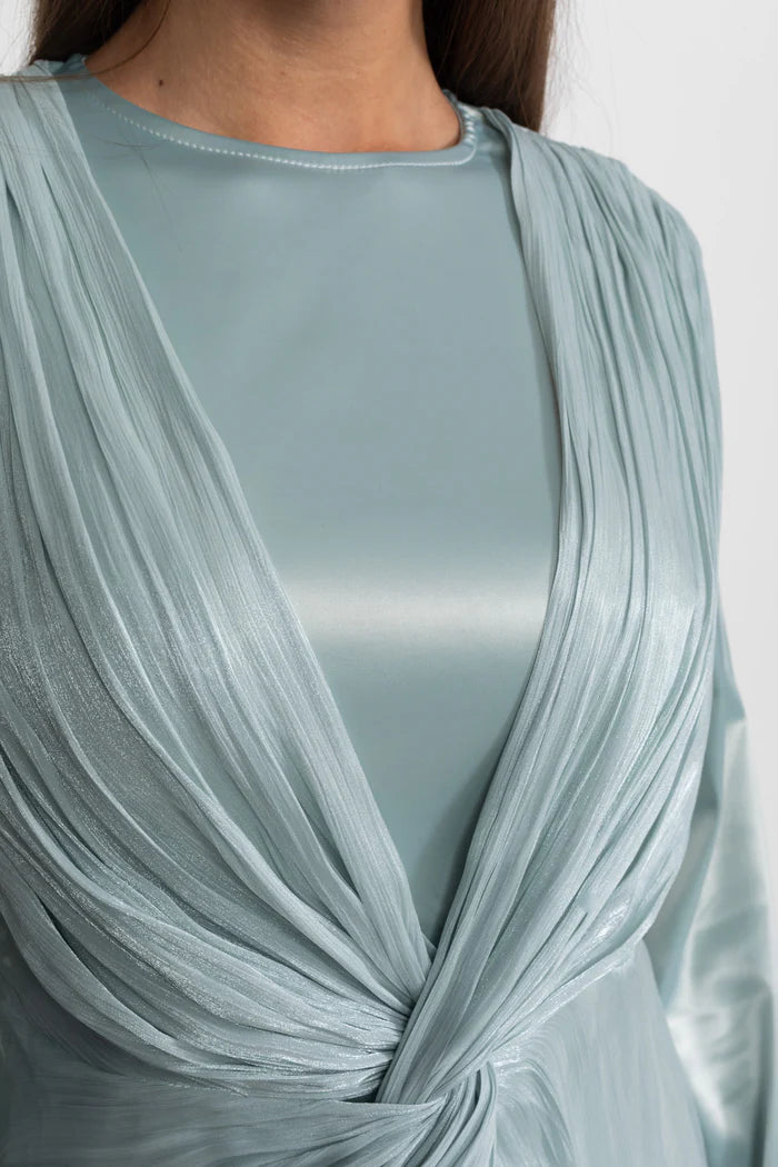 Satin Midi Dress with Draped Overlay and Knot Detail - Teal