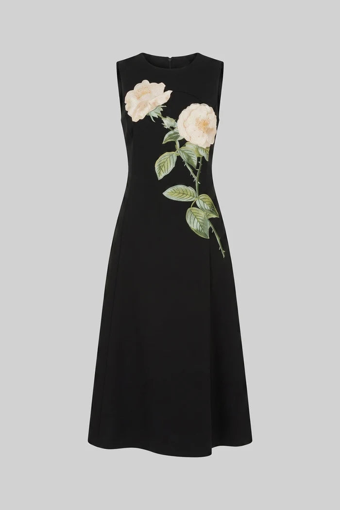 Sleeveless Midi Dress With 3D Floral Appliqué And Full Skirt - Black