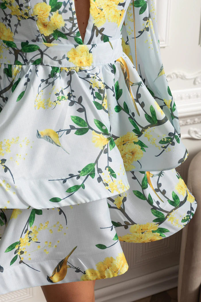 Floral Romantic Mini Dress With Voluminous Sleeves And Peplum Detail-sky blue