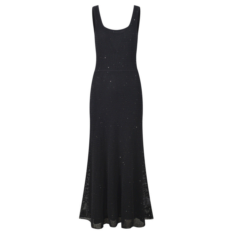 Hollow Out Round Neck Slim Fit Knitted Cardigan + Slip Dress Set
