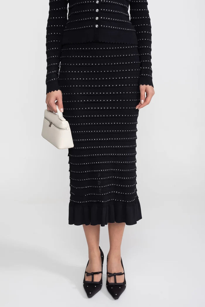 Textured Knit 3 Piece Set With Blazer, Top and Midi Skirt - Black
