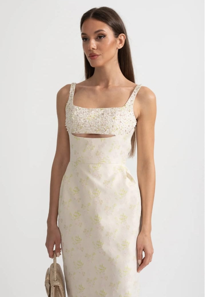 Sleeveless Midi Dress With Square Neckline, Subtle Floral Pattern And Front Cutout - Ivoire