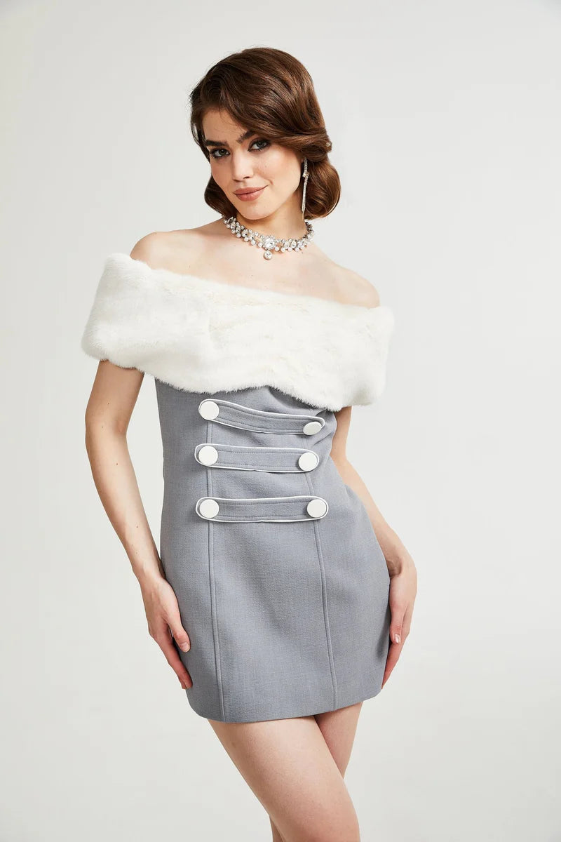 Lina Gray Faux-Fur Mini Robe