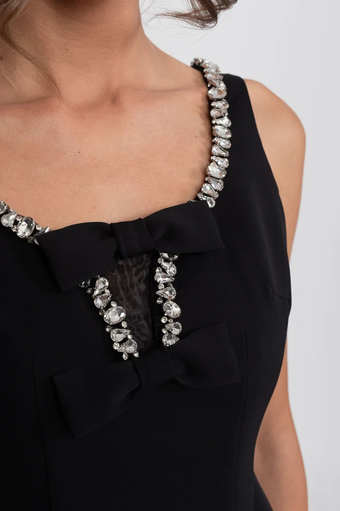 Crystal Trim Fit-and-Flare Mini Dress With Chest Bows - Black