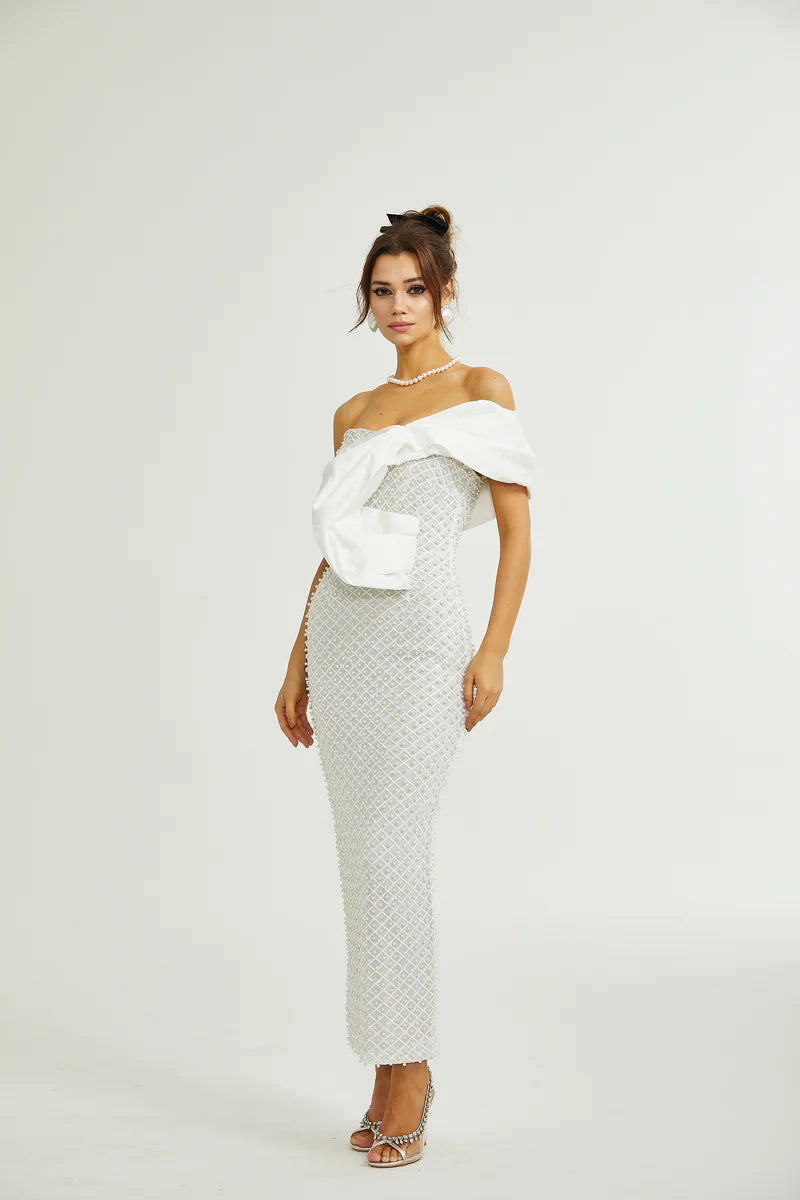 Maura faux-pearl off-shoulder dress