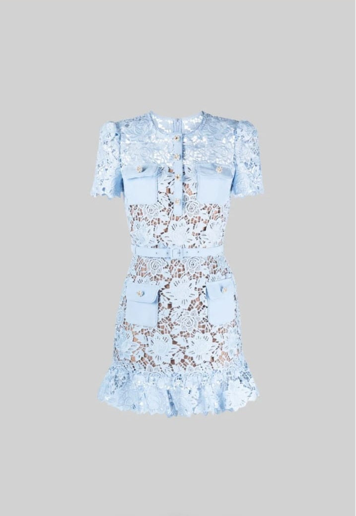 Short Dress with Short Sleeves Embroidered with Floral Motifs - Blue