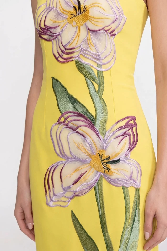 Strapless Floral-Print Midi Dress With Column Silhouette - Yellow